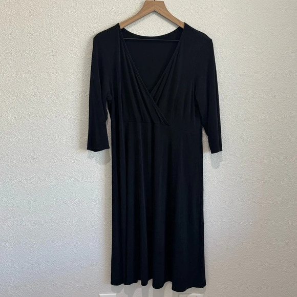 Eileen Fisher Womens Large 100% Silk Dress Surplice Midi Minimalist Modest Black - Picture 1 of 11